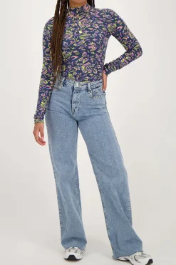 Donkerblauwe Top Met Col En Paisley Print