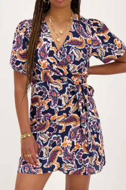 Donkerblauwe Wikkeljurk Met Paisleyprint