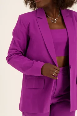 Donkerpaarse Blazer Met Linnen Look