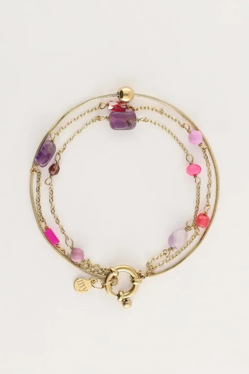Driedubbele Armband Met Roze En Paarse Kraaltjes