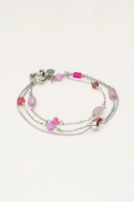 Driedubbele Armband Met Roze En Paarse Kraaltjes