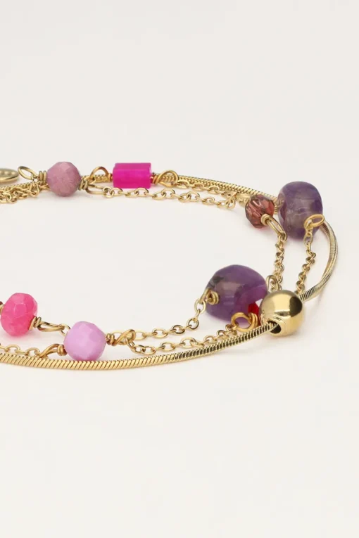 Driedubbele Armband Met Roze En Paarse Kraaltjes