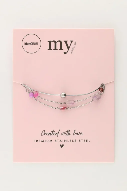 Driedubbele Armband Met Roze En Paarse Kraaltjes