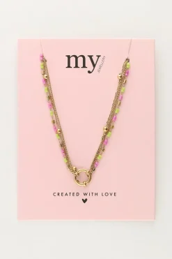 Driedubbele Ketting Met Groen & Roze Kralen