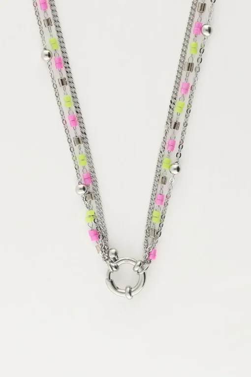 Driedubbele Ketting Met Groen & Roze Kralen