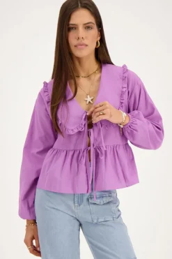Gestreepte Paarse Blouse Met Strikjes