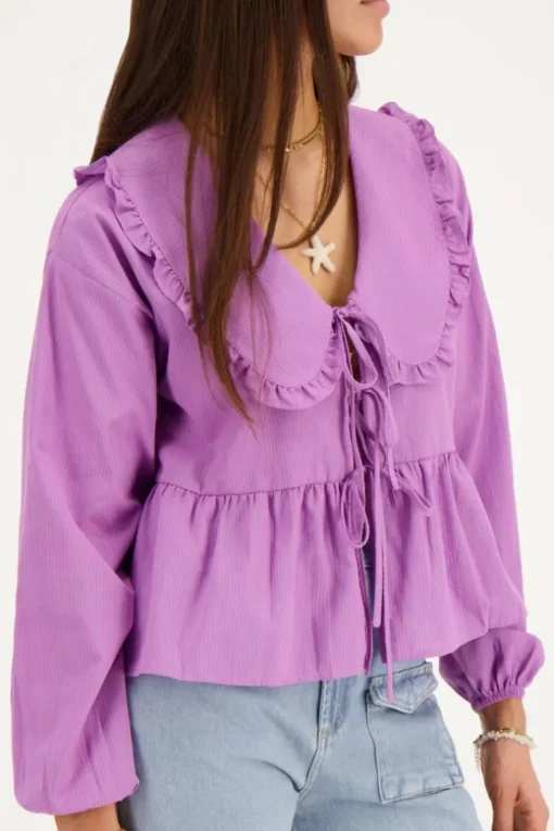 Gestreepte Paarse Blouse Met Strikjes