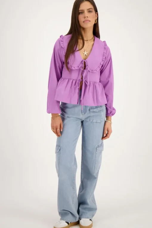 Gestreepte Paarse Blouse Met Strikjes