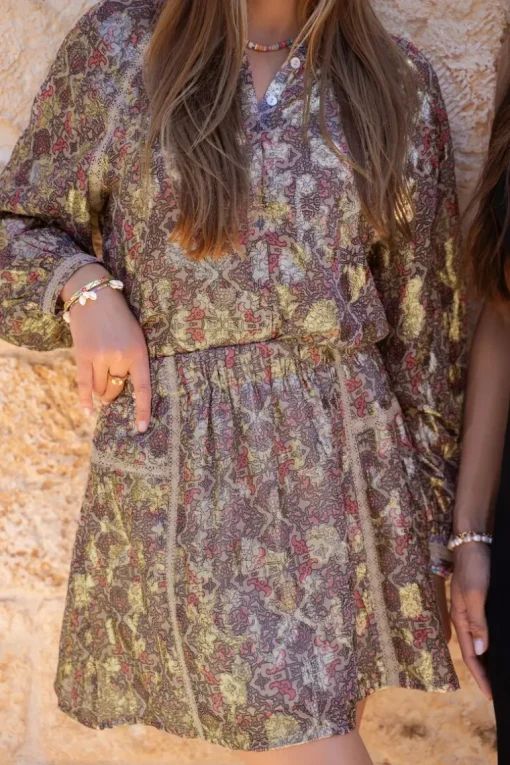 Gouden Jacquard Rokje Met Multikleur Print