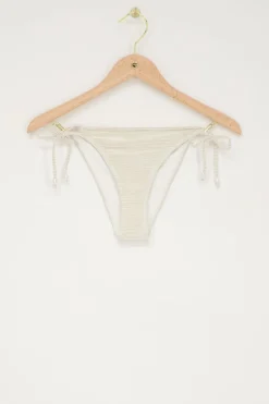 Goud-wit Gestreept Bikini Broekje Met Strikbandjes En Parels