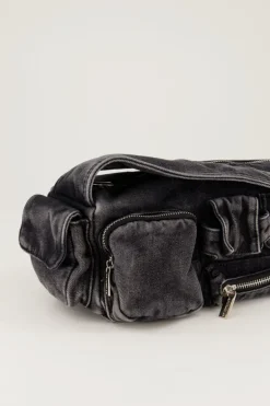 Grijze Denim Schoudertas Met Vakjes En Ritsen