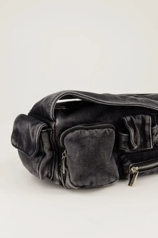Grijze Denim Schoudertas Met Vakjes En Ritsen
