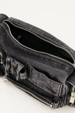 Grijze Denim Schoudertas Met Vakjes En Ritsen