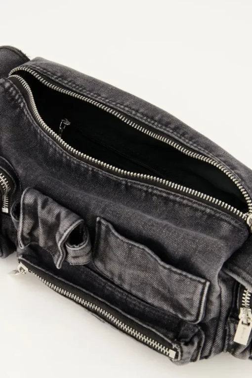 Grijze Denim Schoudertas Met Vakjes En Ritsen