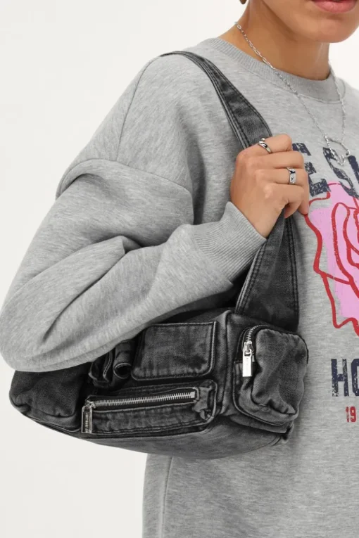 Grijze Denim Schoudertas Met Vakjes En Ritsen