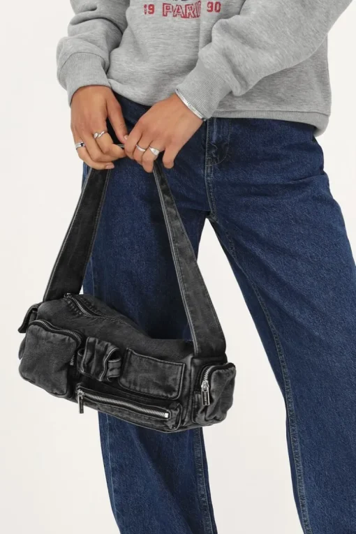 Grijze Denim Schoudertas Met Vakjes En Ritsen