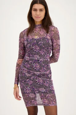 Grijze Mesh Jurk Met Paarse Bloemenprint