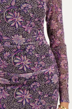 Grijze Mesh Jurk Met Paarse Bloemenprint