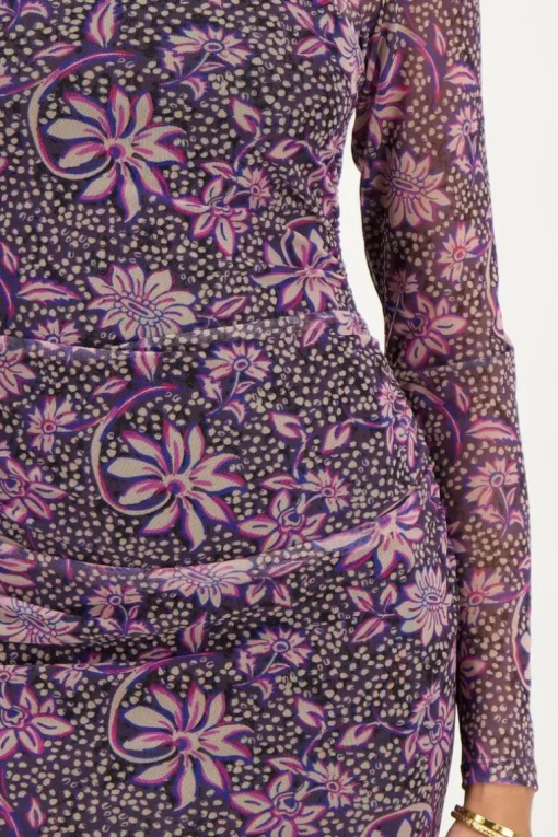 Grijze Mesh Jurk Met Paarse Bloemenprint