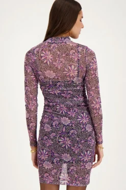 Grijze Mesh Jurk Met Paarse Bloemenprint