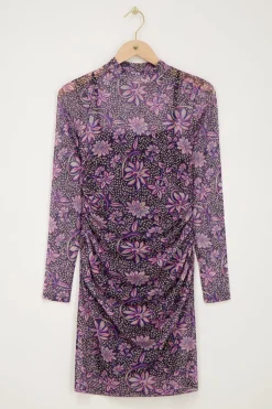 Grijze Mesh Jurk Met Paarse Bloemenprint