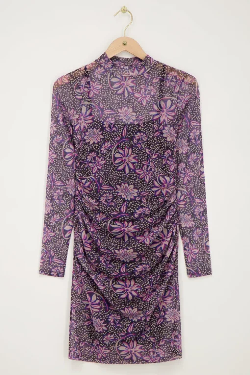Grijze Mesh Jurk Met Paarse Bloemenprint