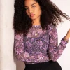 Grijze Mesh Top Met Paarse Bloemenprint