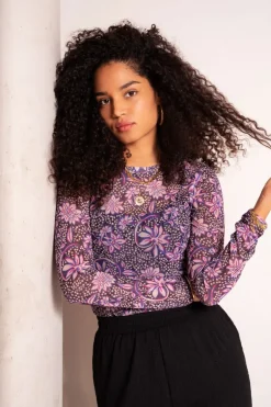 Grijze Mesh Top Met Paarse Bloemenprint