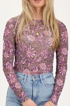 Grijze Mesh Top Met Paarse Bloemenprint