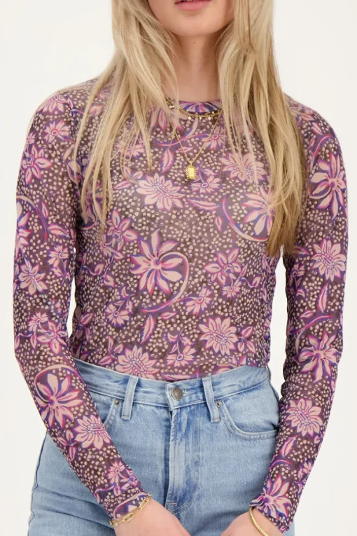 Grijze Mesh Top Met Paarse Bloemenprint