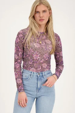 Grijze Mesh Top Met Paarse Bloemenprint
