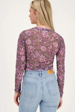 Grijze Mesh Top Met Paarse Bloemenprint