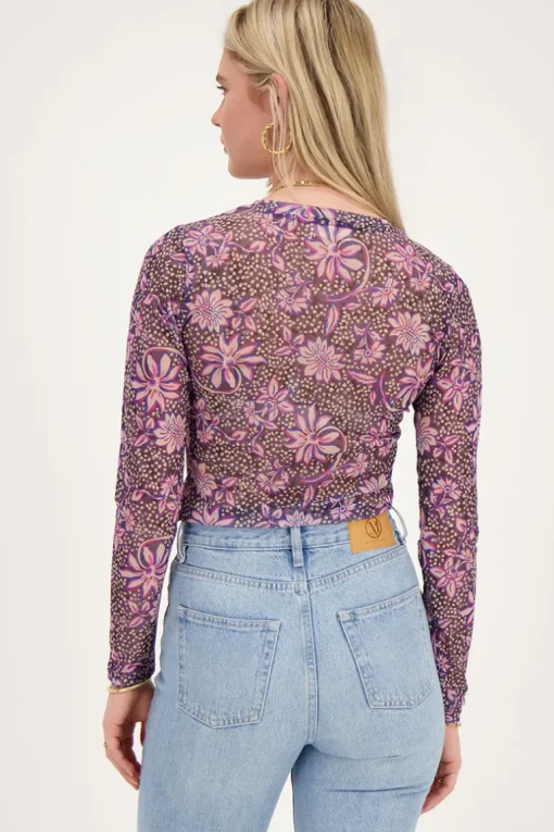 Grijze Mesh Top Met Paarse Bloemenprint