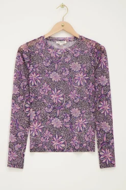 Grijze Mesh Top Met Paarse Bloemenprint