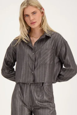 Grijze Metallic Pinstripe Blouse