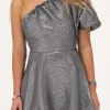Grijze One-shoulder Jurk Met Lurex & Ballonmouwen