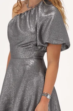Grijze One-shoulder Jurk Met Lurex & Ballonmouwen