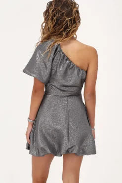 Grijze One-shoulder Jurk Met Lurex & Ballonmouwen