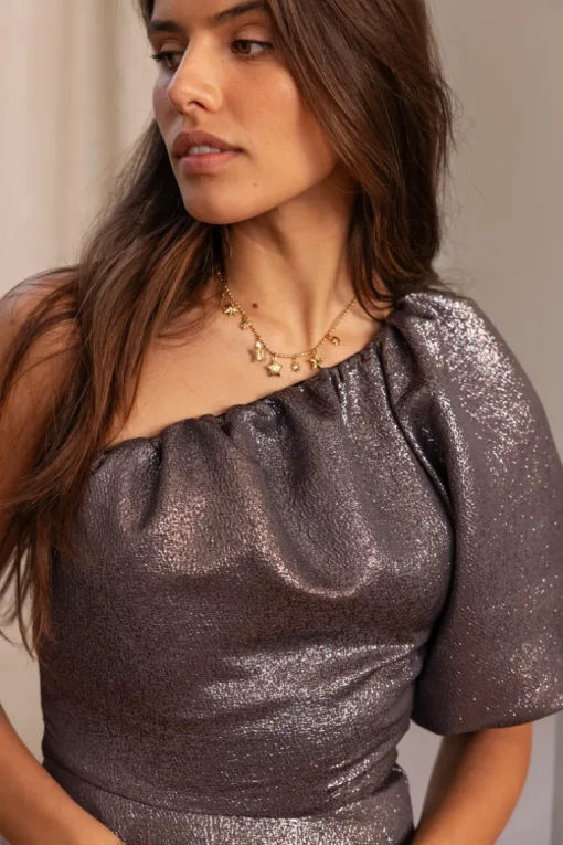 Grijze One-shoulder Jurk Met Lurex & Ballonmouwen
