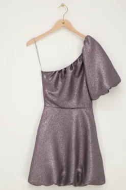 Grijze One-shoulder Jurk Met Lurex & Ballonmouwen