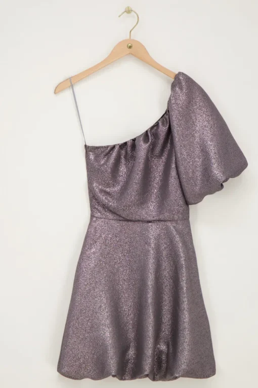 Grijze One-shoulder Jurk Met Lurex & Ballonmouwen