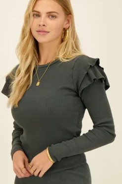 Grijze Top Met Lange Mouwen En Ruffles