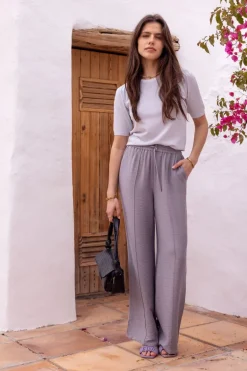 Grijze Wide Leg Broek Met Pintuck En Elastiek