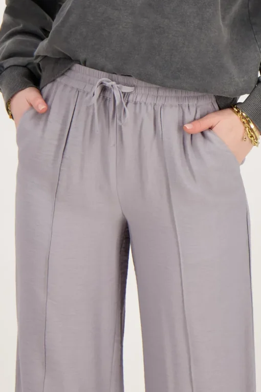 Grijze Wide Leg Broek Met Pintuck En Elastiek