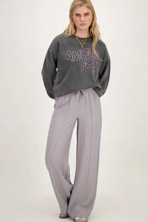Grijze Wide Leg Broek Met Pintuck En Elastiek