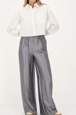 Grijze Wide Leg Broek Satijnen Look