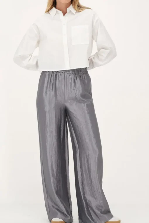 Grijze Wide Leg Broek Satijnen Look