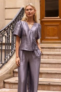 Grijze Wide Leg Broek Satijnen Look