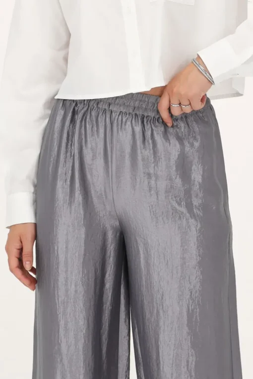 Grijze Wide Leg Broek Satijnen Look