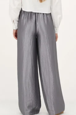 Grijze Wide Leg Broek Satijnen Look